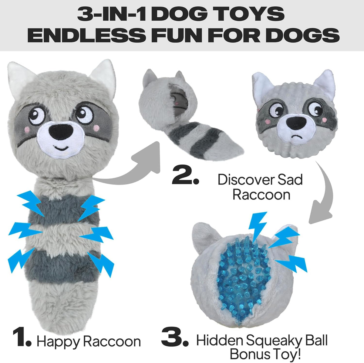 Squeaky Dog Toys for Aggressive Chewers, 3 in 1, Tough Dog Ball