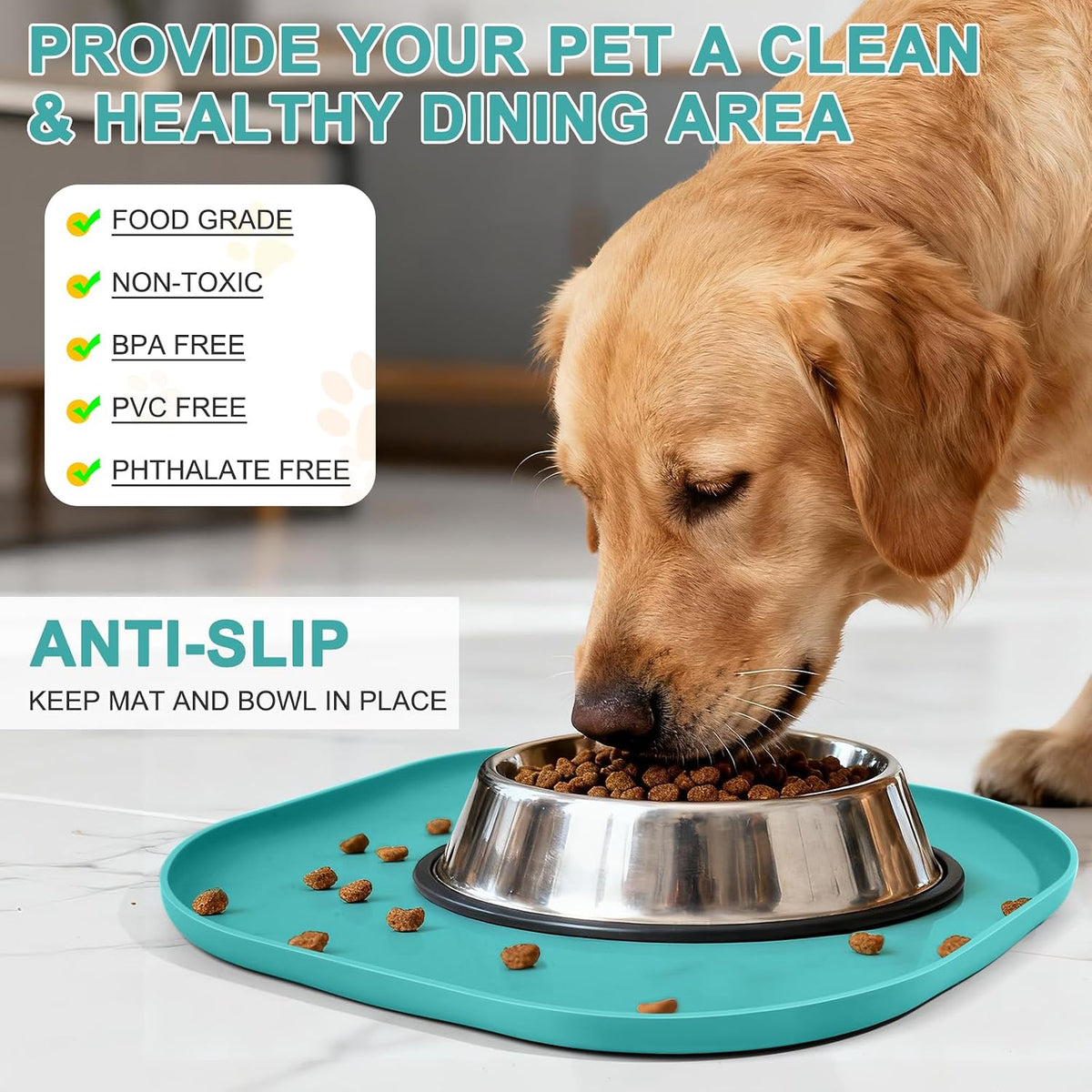Waterproof Silicone Pet Food Mat with Raised Edge for Dog & Cat