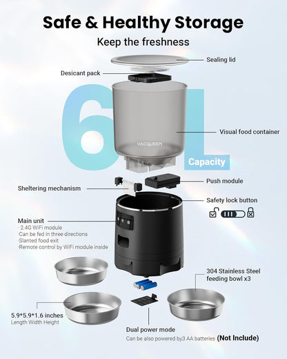 Automatic Cat Feeder for 3 Cats, 6L/25 Cups Smart Wifi Pet Feeder, Strong Anti-Jam System, Dual-Effect Desiccant Cat Food Dispenser, with 10S Voice Recorder for Cats and Small Dog(Black)