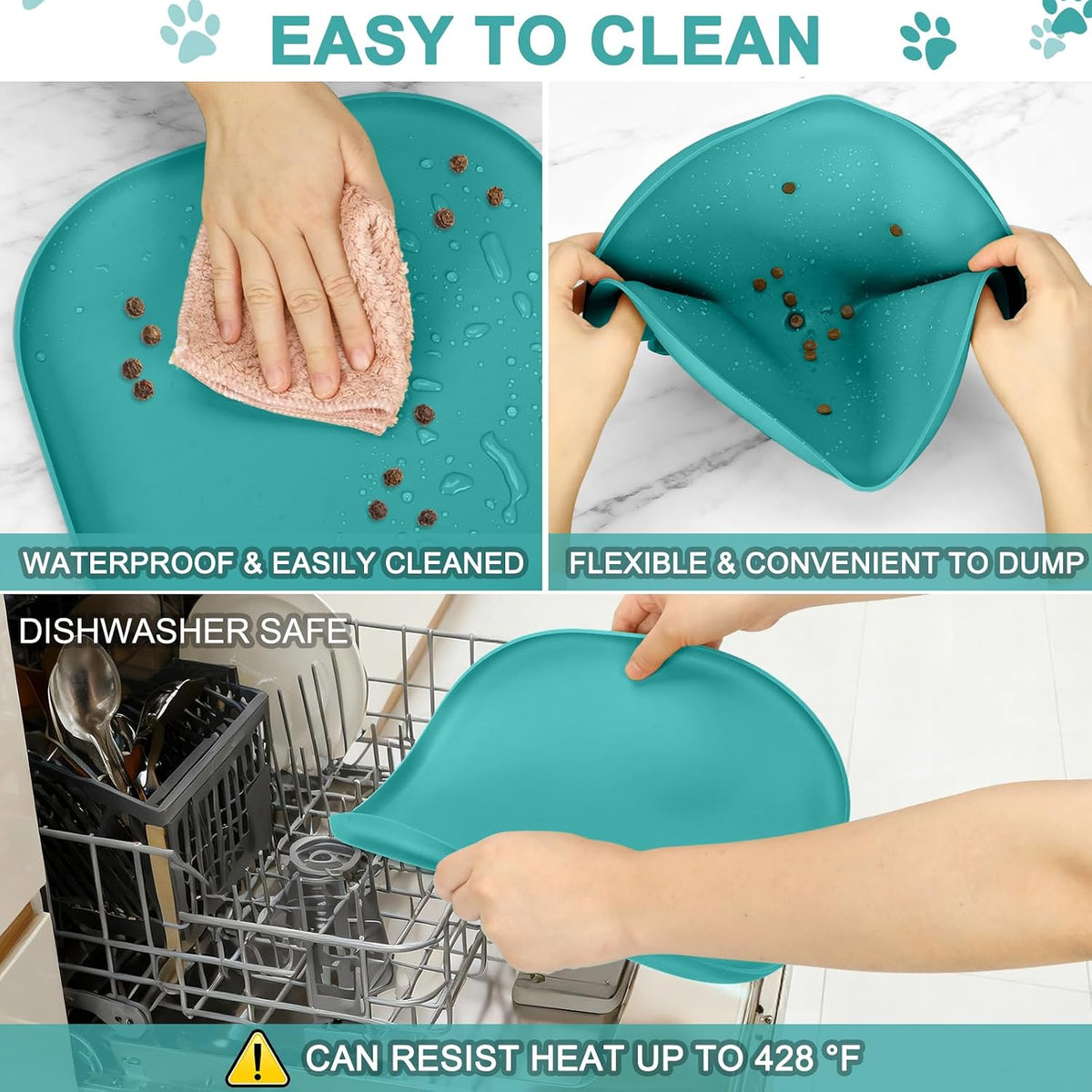 Waterproof Silicone Pet Food Mat with Raised Edge for Dog & Cat